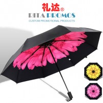 Personalized Black Promotional Folding Umbrellas with Flowers (RPUBL-034)